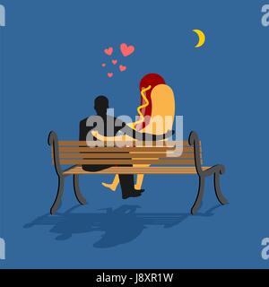 Hot dog and man looking at moon. Date night. Man and fast-food sitting on bench. Month in night dark sky. Romantic foodl illustration Stock Vector