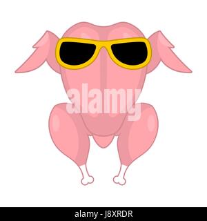 Raw turkey glasses for grilling. Fresh chicken carcass. fowl in sunglasses Stock Vector