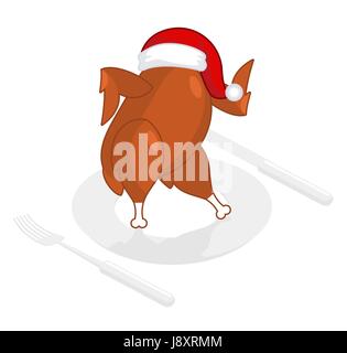 Christmas turkey in Santa Claus cap. Roast fowl on plate. Fried chicken in festive red hat. holiday food for new year Stock Vector