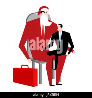 Office Christmas. Manager sitting on lap of boss. Santa Claus congratulates employee. Congratulations workers. Celebration at work. Corporate new year Stock Vector