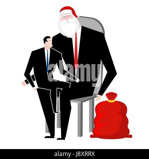 Santa Claus congratulates employee. Manager sitting on lap of boss. Congratulations workers. Celebration at work. Office Christmas. Corporate new year Stock Vector