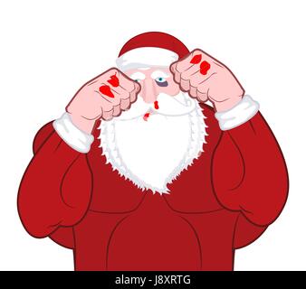 Beaten Santa Claus fighter. Father Christmas beats fists. Old man knuckle beat. New Year Fight Stock Vector