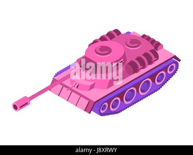 Toy Pink Tank Isometric on white background. Military machine clockwork plaything rose tank. Female unusual military equipment. Army car for blondes Stock Vector