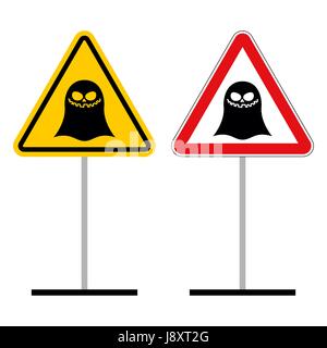 Warning sign attention ghost. Hazard yellow sign supernatural creature. Ghost on red triangle. Set of Road signs of mythical creatures Stock Vector