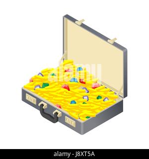 Suitcase with gold treasure. Case with coins and gems. Ruby and diamond. Sapphire and Emerald. Suitcase wealth Stock Vector