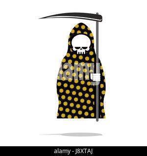 Death in black Pajamas with yellow flowers. Grim Reaper in hood and oblique. Halloween character death. Stock Vector