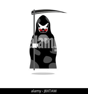 Death of cat. Grim Reaper with an individual pet. Puss in balahone and with a scythe. Stock Vector