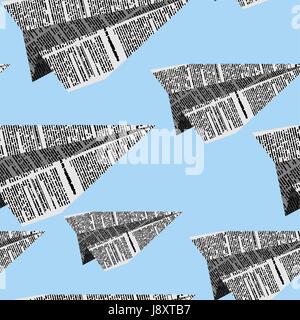 Paper planes seamless pattern on a blue background. Vector ornament plane newsprint texture Stock Vector