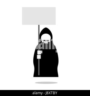 Death with an blank paper over head. Grim Reaper in black clothes holding  banner Stock Vector