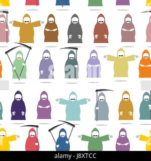 Funny death in bright robes seamless pattern. Texture of many  Grim Reaper . Endless Background for Halloween. Death of various postures: reads  book, Stock Vector