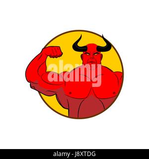 Logo for gym. Satan bodybuilder shows biceps. Emblem for sports teams. Horned red Demon with large muscles. Vector illustration of  devil. Stock Vector