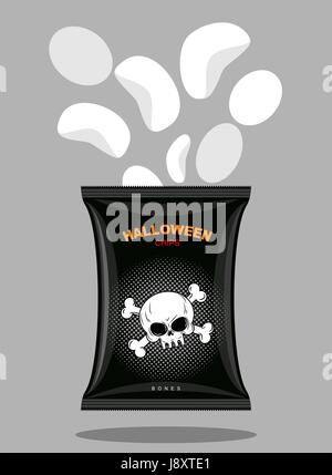 Chips with a taste of bones. Snacks for scary Halloween in black packaging. Pack of crisps with skull and bones. Vector illustration of Food on white  Stock Vector