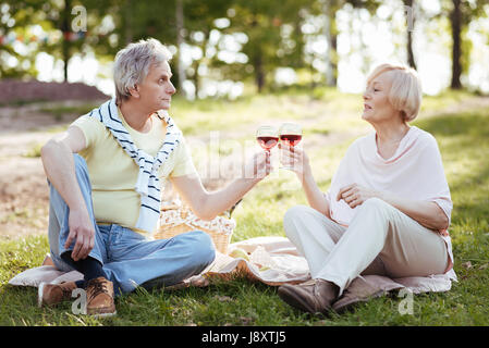 Harmonious retired couple enjoying picnic in the park Stock Photo
