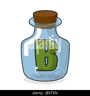 letter B in  laboratory bottle. Letter in a magic bottle with a wooden lid. Scientific research. Vector illustration Stock Vector