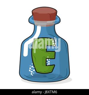 E in magic bottle. Letter in a bottle for laboratory and scientific research. Vector illustration. Stock Vector