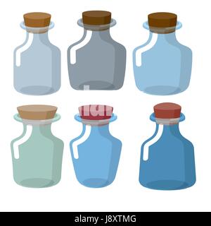 Glass bottles of different shapes with Stoppers in laboratory. Vector retro chemical banks. Empty jar for research. Stock Vector