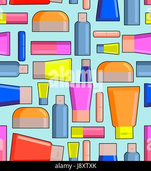 Means for care of body seamless pattern. Pots, creams and lipstick. vector background. Womens accessories texture. Stock Vector