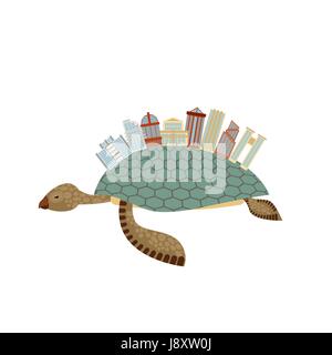 City on turtle. Building on animal reptiles. Fantastic city. Vector illustration Towers, arches and skyscrapers Stock Vector