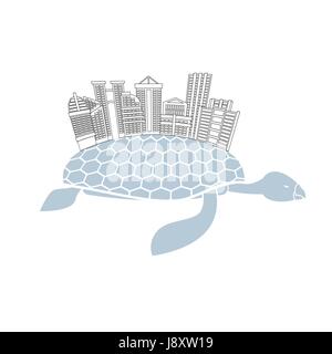 Metropolis on shell water turtles. City skyscrapers and office buildings on reptiles. Logo of  new modern district. Stock Vector