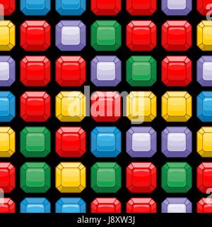 Gems seamless pattern. Colorful jewelry stones on a black background. Vector illustration. Stock Vector