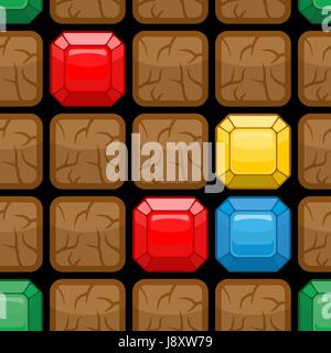 Stones and jewels seamless pattern. Diamonds in  ground. Gaming background of old game style. Vector illustration Stock Vector
