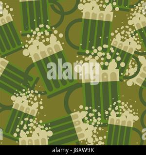 Beer military pattern. Mug alcohol army texture. Seamless protective pattern for troops. Vector ornament for soldiers Stock Vector