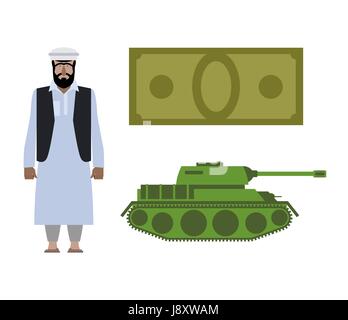 Set of icons for military conflict in Syria. Refugee, Money and tank. Vector political illustration for infographics Stock Vector