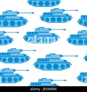 Cute Blue Tank seamless pattern. Vector military background. Army transport with gun. Stock Vector