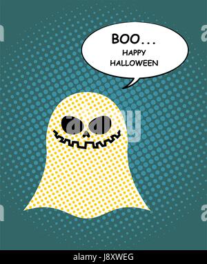 Boo Happy Halloween. Ghost of pop art and bubble. Pretty good ghost symbol of  dreaded holiday. Vector illustration. Stock Vector