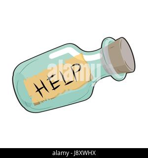 Help in bottle. Glass vessel with wooden stopper. Paper with text SOS Stock Vector