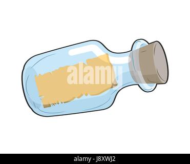 Message in bottle is empty. Glass transparent bottle with blank paper. Space for text. Stock Vector