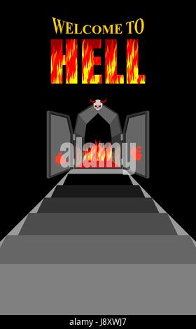 Welcome to hell. Stairway to hell. Iron black gates of  Fiery purgatory. Door to devil, Satan. Stairs in Dungeon. Descent into deep dark cave. Vector  Stock Vector