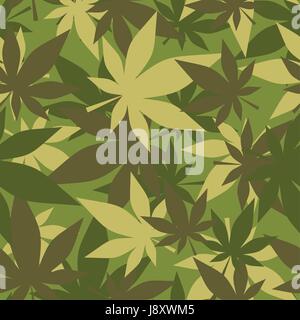 Military texture of marijuana. Soldiers camouflage hemp. Army seamless background from leaves of cannabis. Stock Vector