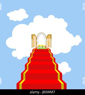 Open gates of paradise. Ladder into clouds. Degree in sky. Red carpet for ascent into paradise. Vector illustration of God's ladder. Acent to God, to  Stock Vector