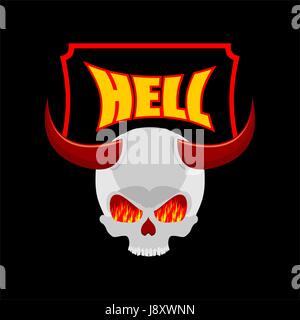 Welcome to hell. Plate for door. Satans skull with horns. In eye of skull flame of fire of purgatory. Vector illustration of religion Stock Vector