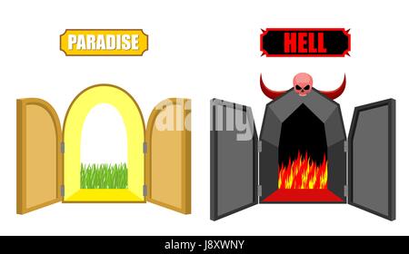 Gates of hell and paradise. Entrance to Satan and God. Scary black door in purgatory. Beautiful bright open door in Paradise gardens. Vector illustrat Stock Vector