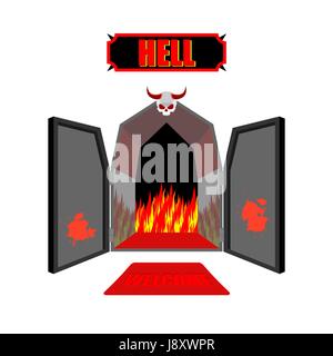 Gate to hell. Entrance to hellish Inferno. Access to Satan. Flames for combustion of sinners. Welcome to hell. Black iron open door in purgatory. Scar Stock Vector