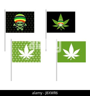 Rasta flags set. Banner for addicts of Jamaica. Green Skull and leaf marijuana. Head skeleton in Rasta Cap. Vector illustration Stock Vector