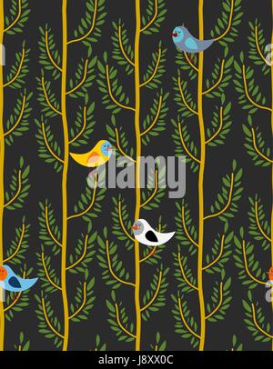 Birds on trees seamless pattern. Vector  background of forest with birds on branches. Night forest Stock Vector