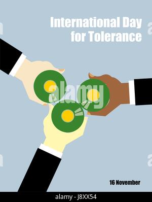 International Day for Tolerance. Toasting with beer. People of different races drinking beer. View from top. Hand holding a bottle of beer. Vector pos Stock Vector