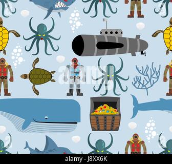 Ocean seamless pattern. Marine life: whale and turtle. Octopus and submarine. Shark and diver. Vector background fabric on marine theme. Stock Vector