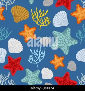 Marine seamless pattern. Starfish, scallop and corals. Clam shells and underwater polyps. Oceanic vector background. Marine Vintage fabric ornament Stock Vector