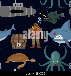 Deep sea seamless pattern. Diver and shark on black background. Sea turtle and submarine, octopus and deep-sea angler. Repeated ocean vector ornament. Stock Vector