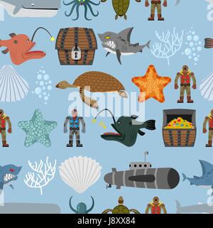 Ocean life seamless pattern. Shark and  sea turtle, submarine and diver. Chest pirate treasure and  whale. Scallops and coral on  blue background. Vec Stock Vector