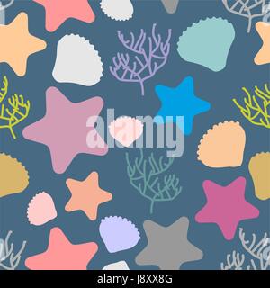 Marine seamless pattern. Colored silhouettes of marine life. Scallops and starfish. Vector background. Stock Vector