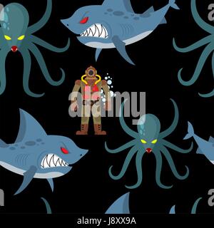 Diver in old diving suit and sea monsters seamless pattern. Wicked shark and terrible octopus on black background. Vector ornament sea world Stock Vector