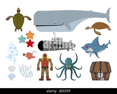 Underwater world set. Keith and submarine, shark and terrible Octopus. Sea turtle and pirates treasure chest. Starfish, scallop and corals. Old diver  Stock Vector