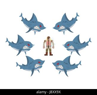 Angry sharks surrounded man in old diving suit. Fear, hopeless situation. Farted with fear go bubbles. Vector illustration business allegory Stock Vector