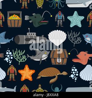 Ocean seamless pattern.  Ocean inhabitants. Starfish and shark on black background. Water turtle and diver. Treasure Chest and  whale. Octopus and cor Stock Vector