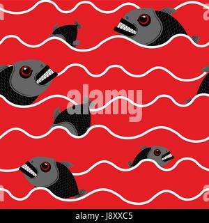Piranha in ocean. Bloody water with marine predator. Red Waves of sea with fishes. Ferocious marine animal with teeth. Stock Vector